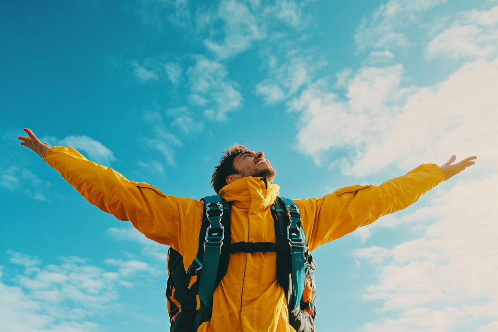 Parachutiste au sol après un atterrissage, exprimant une grande satisfaction et un sentiment d'accomplissement après un saut.
