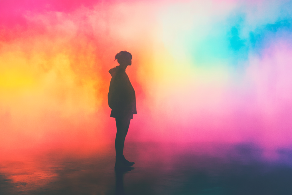 Une personne dans un environnement vibrant mais écrasant, avec des couleurs vives s'estompant en tons plus doux, symbolisant l'hypersensibilité émotionnelle.