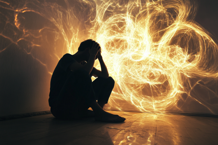 Une personne assise au sol dans une pièce sombre, tenant sa tête entre ses mains, avec des formes abstraites représentant l’anxiété.