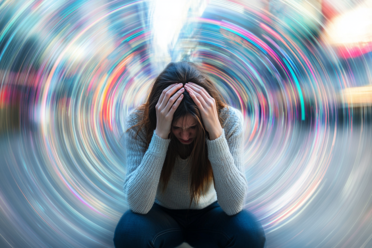 Une personne en pleine crise d'angoisse, tenant sa tête entre ses mains, avec des motifs abstraits représentant l'anxiété.