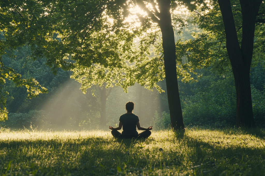 Personne méditant dans un environnement paisible pour réduire les symptômes de la spasmophilie.