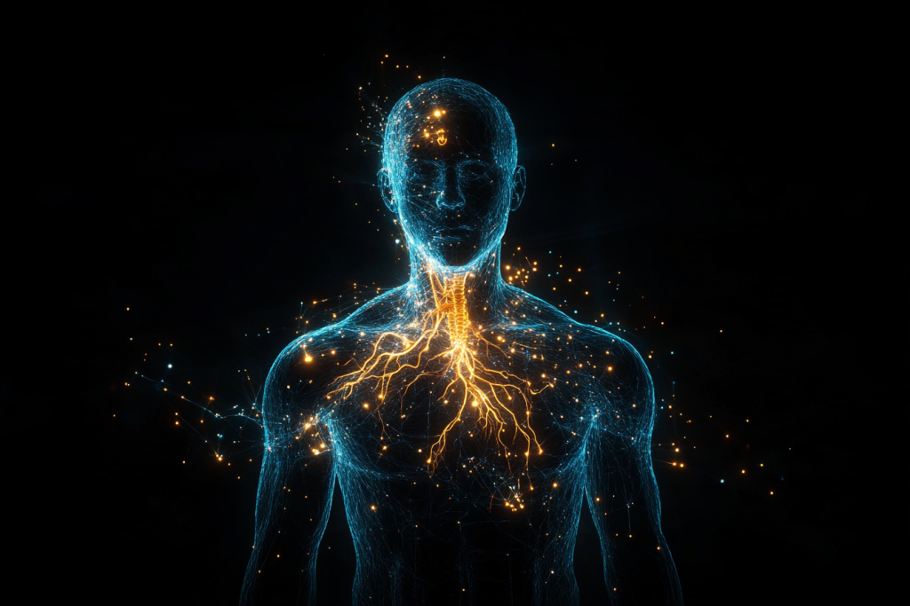 Une représentation abstraite des effets du stress sur le corps humain, avec des points de tension sur la poitrine, la tête et les muscles.