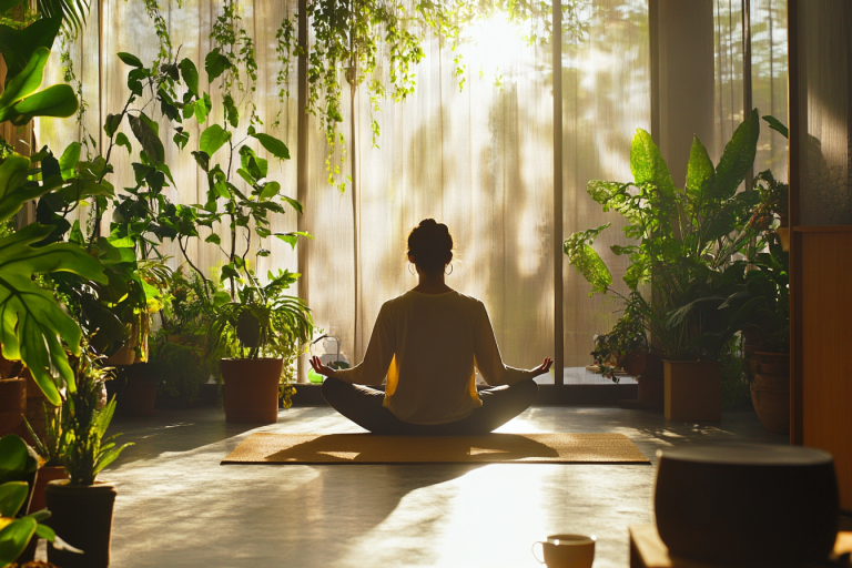 Une personne méditant dans une lumière douce du matin, entourée de plantes et d’une ambiance minimaliste.