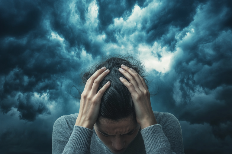 Illustration d’un personnage ressentant une crise de spasmophilie, avec des symptômes comme la nervosité et l’hyperventilation.