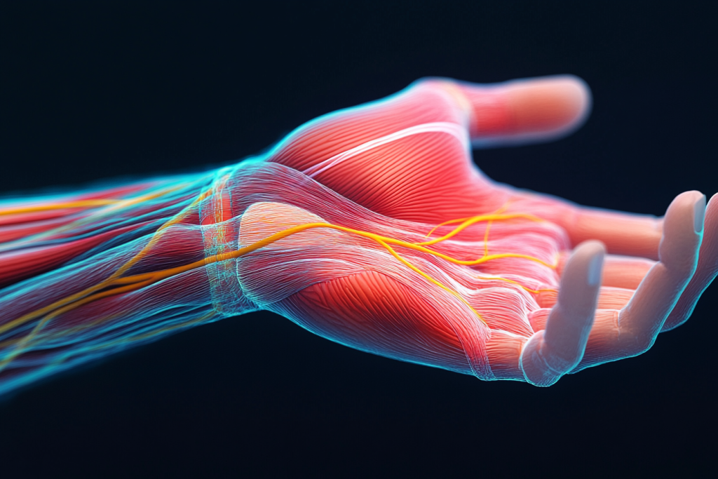 Un gros plan sur une main montrant des spasmes musculaires, avec une tension visible et un effet réaliste.