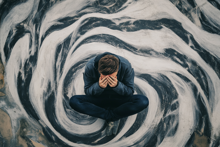 Une personne en pleine crise d'angoisse, assise au sol avec une expression de détresse, entourée de formes tourbillonnantes symbolisant l'anxiété.