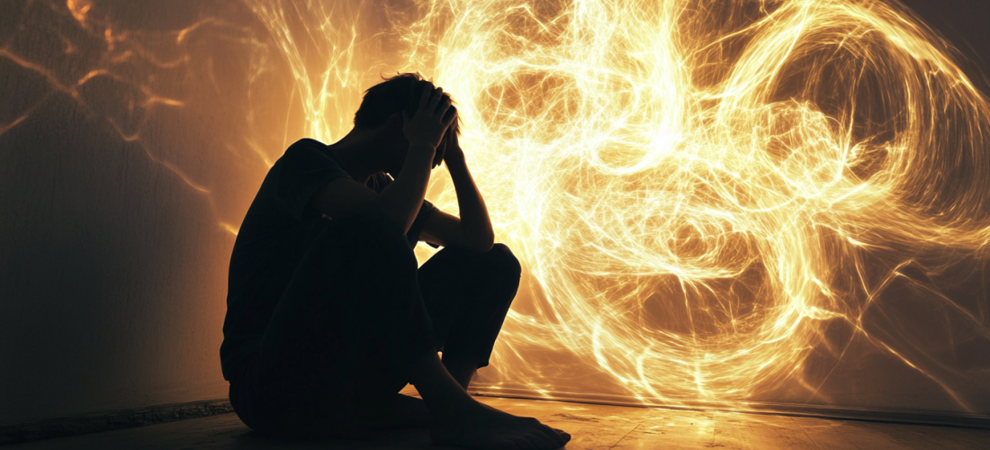 Une personne assise au sol dans une pièce sombre, tenant sa tête entre ses mains, avec des formes abstraites représentant l’anxiété.