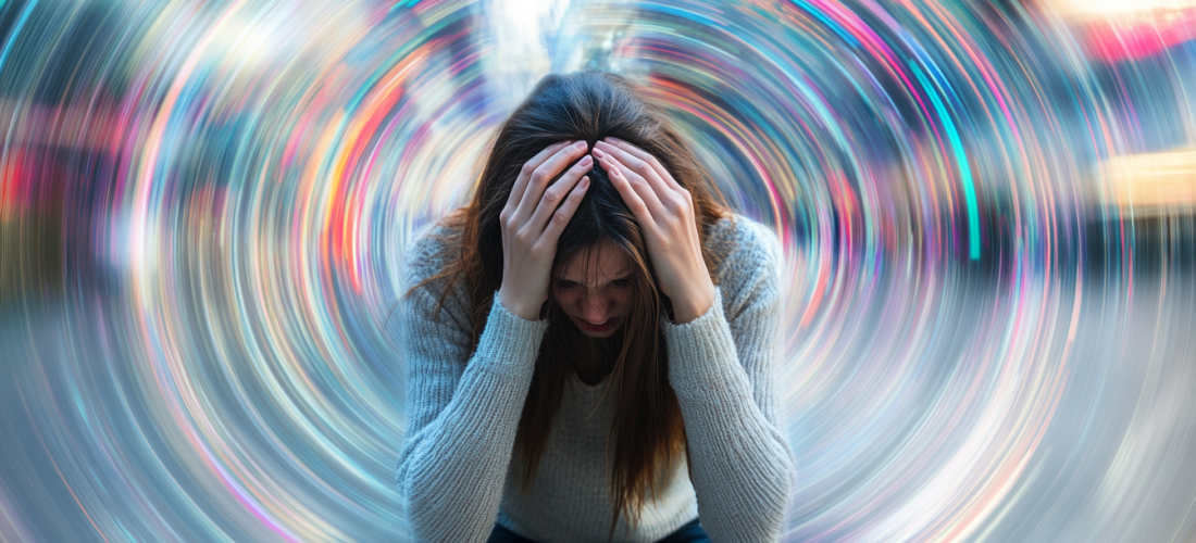 Une personne en pleine crise d'angoisse, tenant sa tête entre ses mains, avec des motifs abstraits représentant l'anxiété.