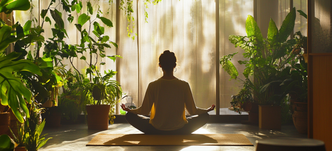 Une personne méditant dans une lumière douce du matin, entourée de plantes et d’une ambiance minimaliste.