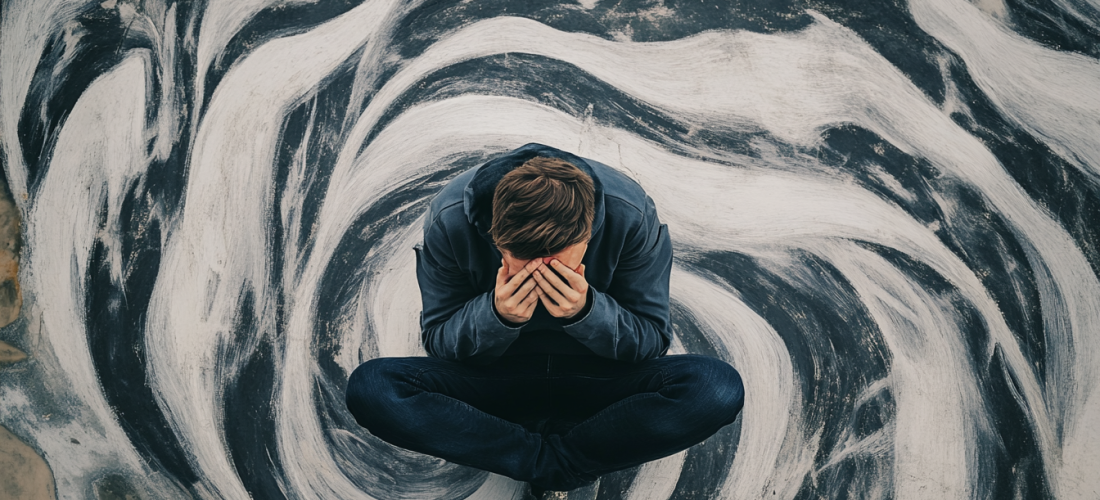Une personne en pleine crise d'angoisse, assise au sol avec une expression de détresse, entourée de formes tourbillonnantes symbolisant l'anxiété.
